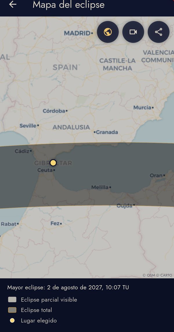 El mapa del 2 de agosto de 2027, ampliado sobre el estrecho de Gibraltar