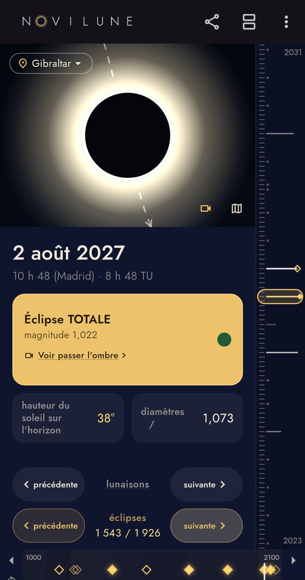 Le 2 août 2027 vu depuis Gibraltar : les deux disques au maximum