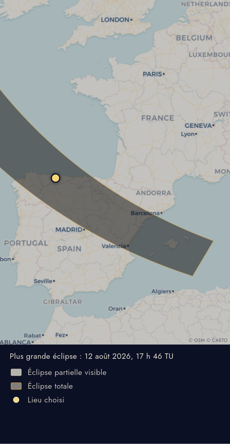 Carte de l'Espagne et de la France pour le 12 août 2026. Une bande sombre traverse l'Espagne en diagonale, de la Galice aux Baléares, en passant par les Asturies. Oviedo, marqué d'un point jaune, est dedans. Paris est nettement au-dessus, hors de la bande.