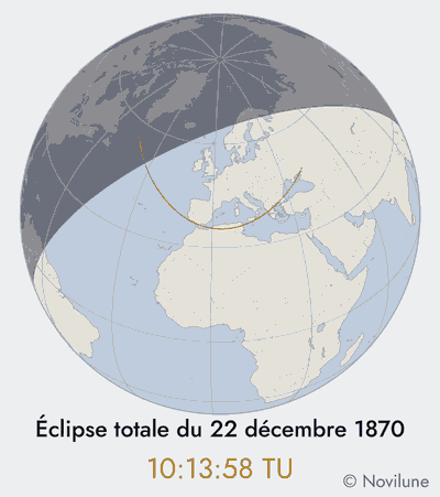 Animation calculée par Novilune : l'ombre de la Lune traverse l'Atlantique, l'Espagne, l'Algérie et la Sicile le 22 décembre 1870.