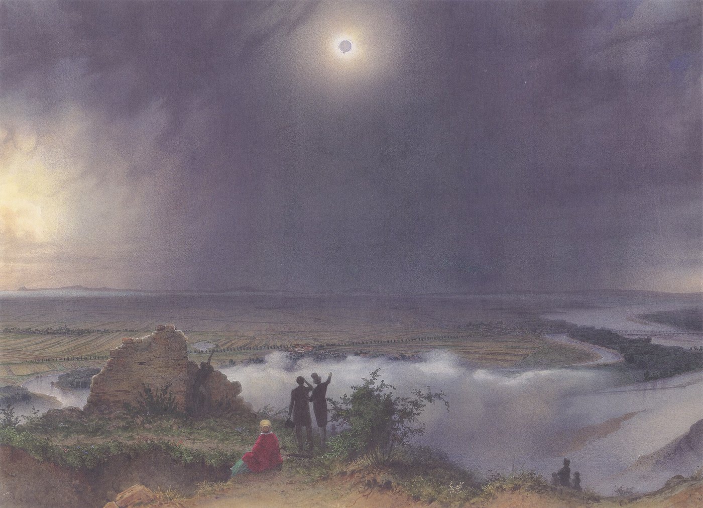 Leander Russ, Die Sonnenfinsternis vom 8 Juli 1842, aquarelle, 1842, Albertina, Vienne. Domaine public, via Wikimedia Commons.