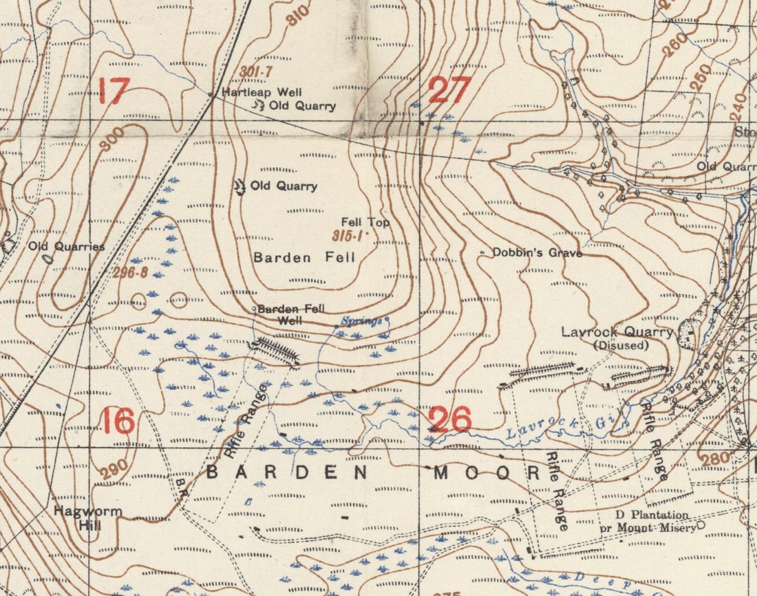 Le sommet retrouvé : « Fell Top 315·1 », sur Barden Fell, au sud-sud-ouest de Richmond. Carte du War Office au 1:20 000, imprimée en 1928 — dont la légende précise « ALL HEIGHTS IN METRES ». On y lit aussi les Rifle Ranges qui strient la lande : les « butts » du journal.